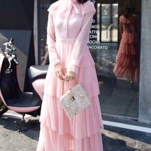 Pink ruffle layered dress with gold dots